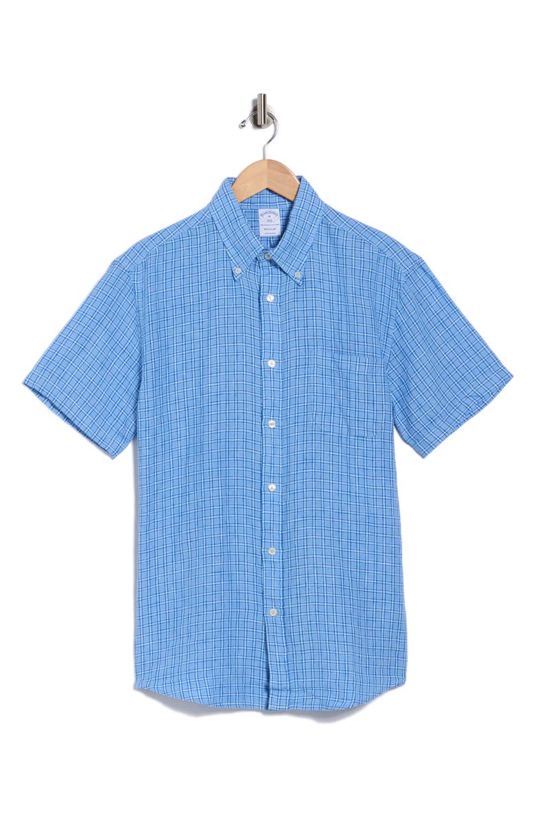 Brooks Brothers Check Short Sleeve Linen Shirt, Main, color, Vistachk
