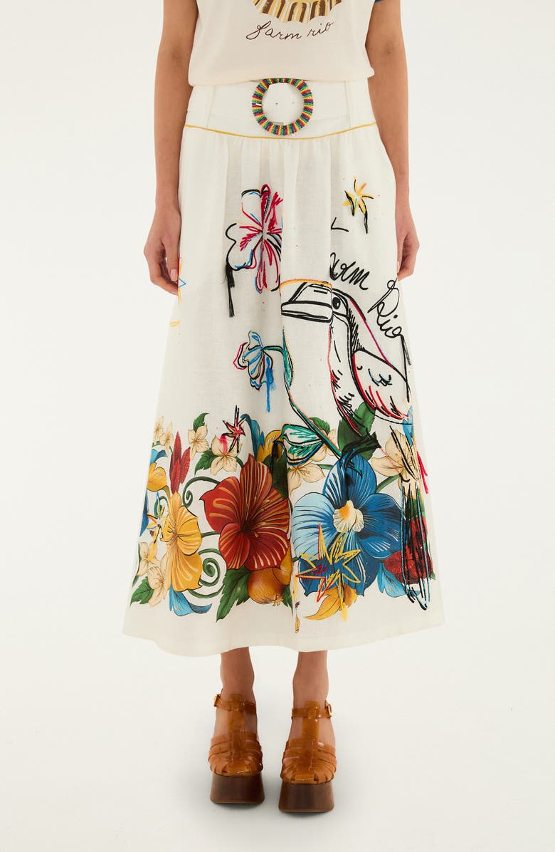 FARM Rio Beaded Floral Linen Maxi Skirt, Main, color, Tropi Off-White