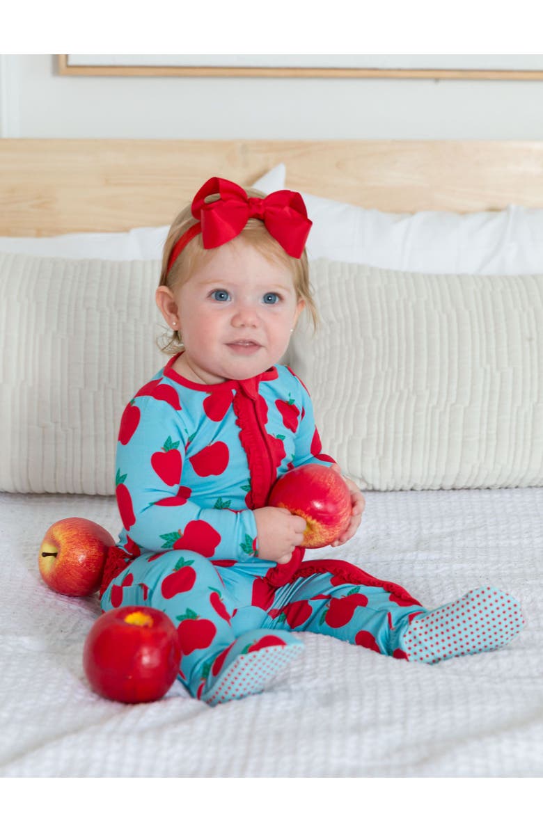 RuffleButts Baby Girls Modal Blend Ruffle One Piece Footie Pajamas, Alternate, color, Blue Apple Of My Eye