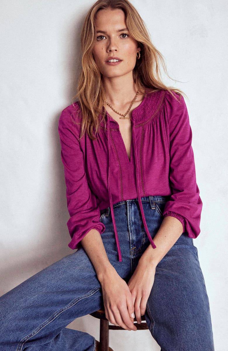 Boden Georgia Smocked Jersey Top, Alternate, color, Rich Magenta