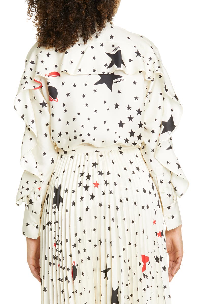 Valentino Ruffle Detail Cosmo Print Silk Blouse, Alternate, color, 