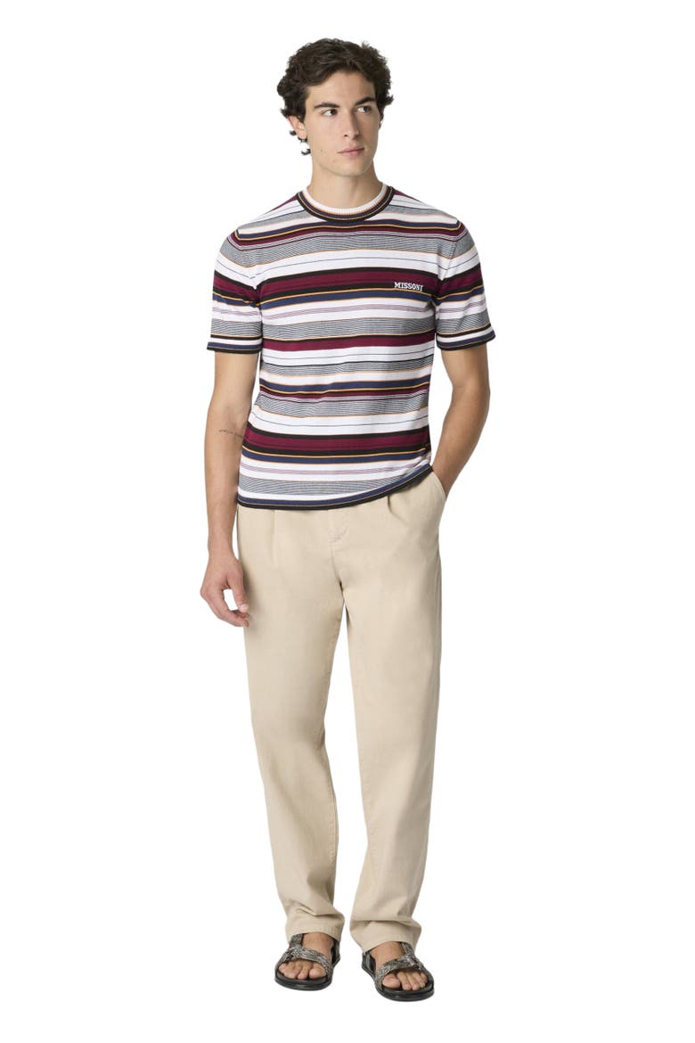 Striped Crew-neck Cotton T-shirt With Embroidered Logo Lettering, Alternate, color, Beige& Grey