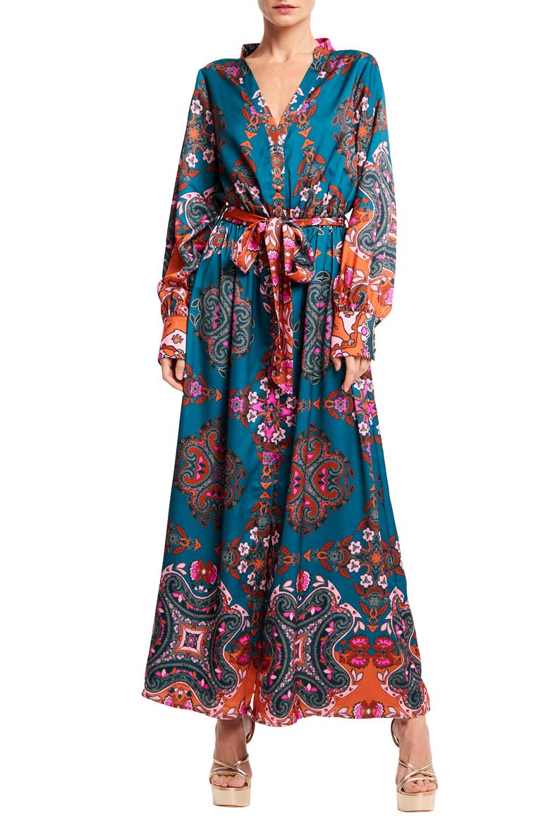 Nora Print Long Sleeve Maxi Shirtdress, Main, color, GREEN MULTI