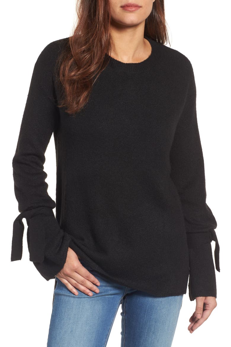 Tie Bell Sleeve Sweater, Main, color, BLACK