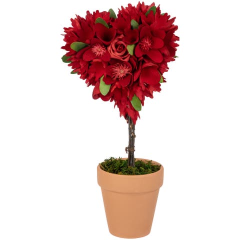 Wooden Mixed Floral Valentine's Day Heart Artificial Topiary - 14" - Red