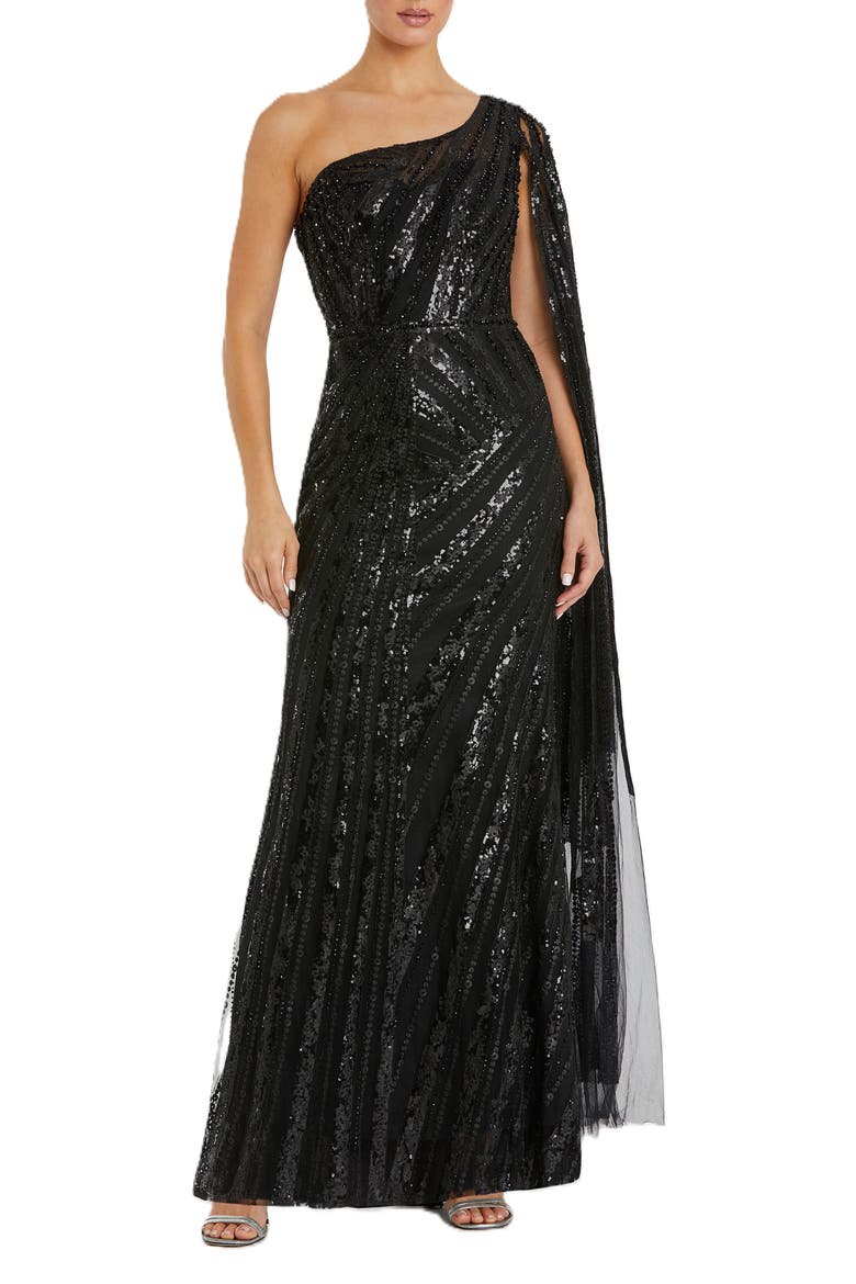 One Shoulder Cape Sleeve Embellished Gown, Main, color, BLACK
