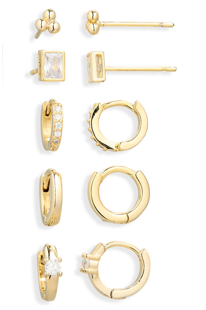 Set of 5 Cubic Zirconia Dot Stud & Hoop Earrings, Alternate, color, CLEAR- GOLD