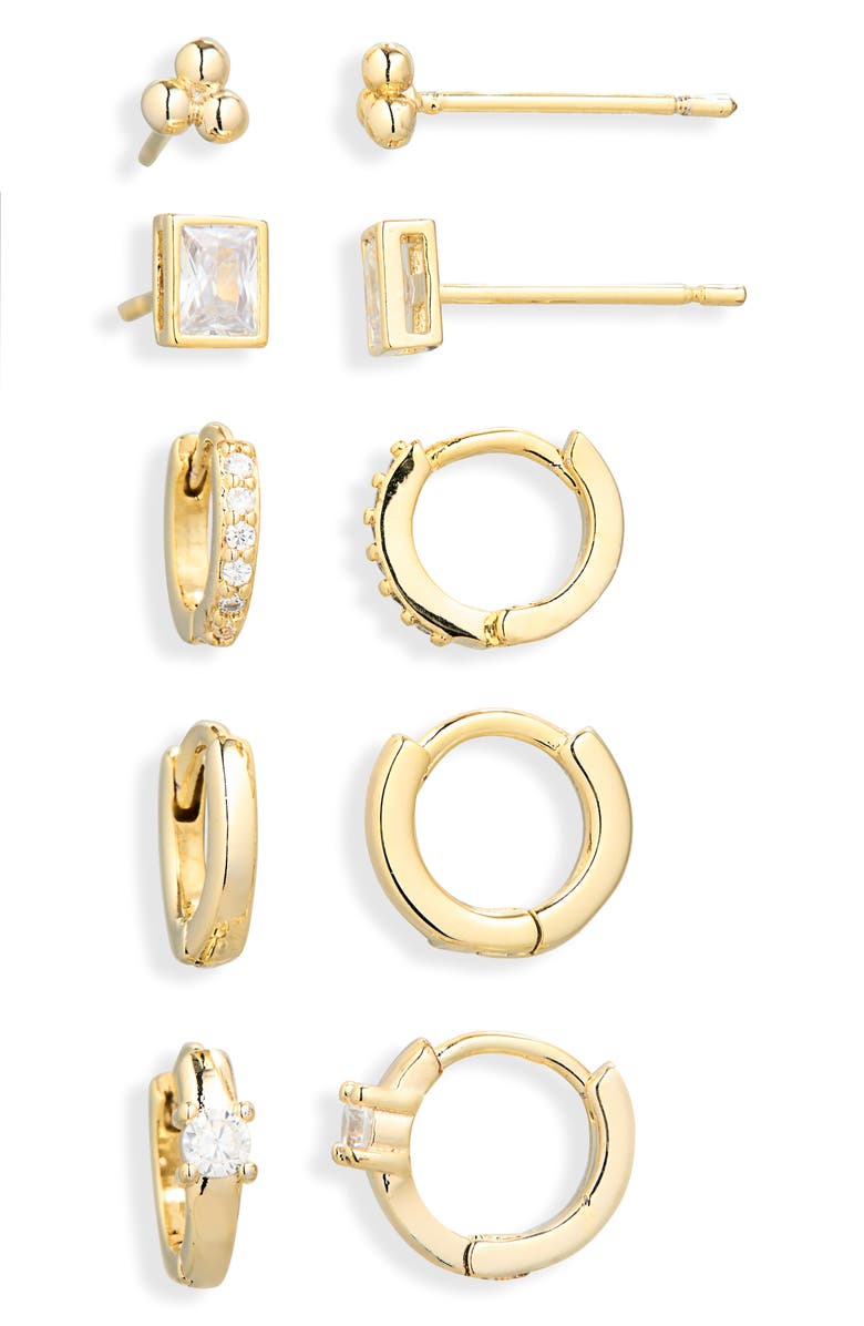 Leith Set of 5 Cubic Zirconia Dot Stud & Hoop Earrings, Alternate, color, Clear- Gold