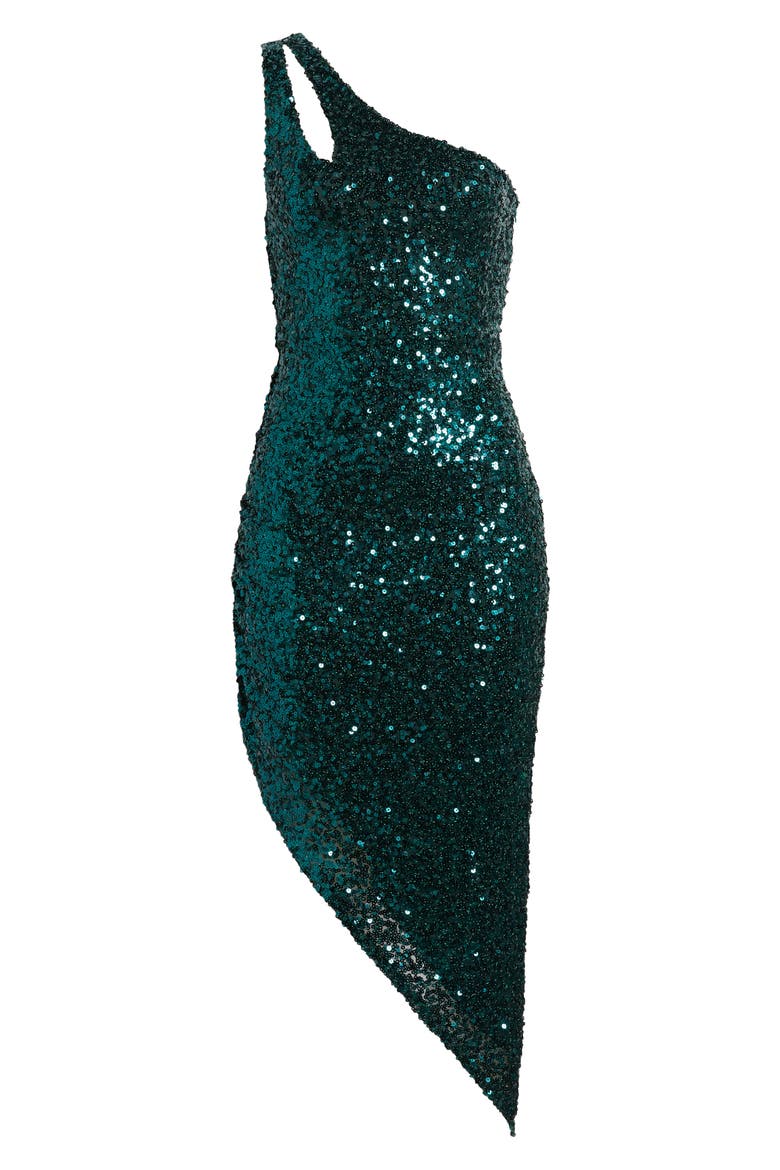 Cutout Asymmetric One-Shoulder Sequin Cocktail Dress, Alternate, color, HUNTER