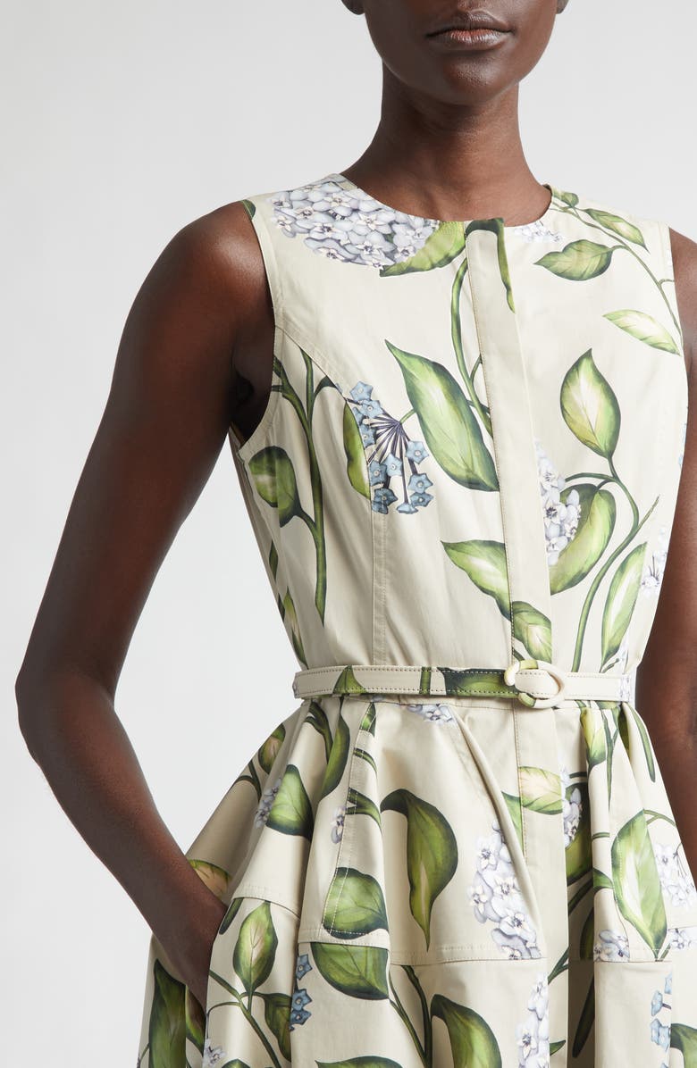 Oscar de la Renta Porcelain Flowers Belted Stretch Cotton Poplin Shirtdress, Alternate, color, Denim/ Oatmeal