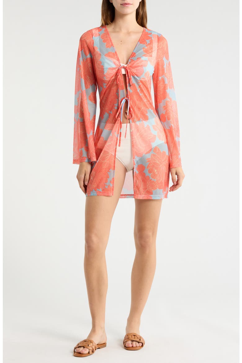 Tie Front Long Sleeve Cover-Up, Main, color, SKY BLUE PEONIES