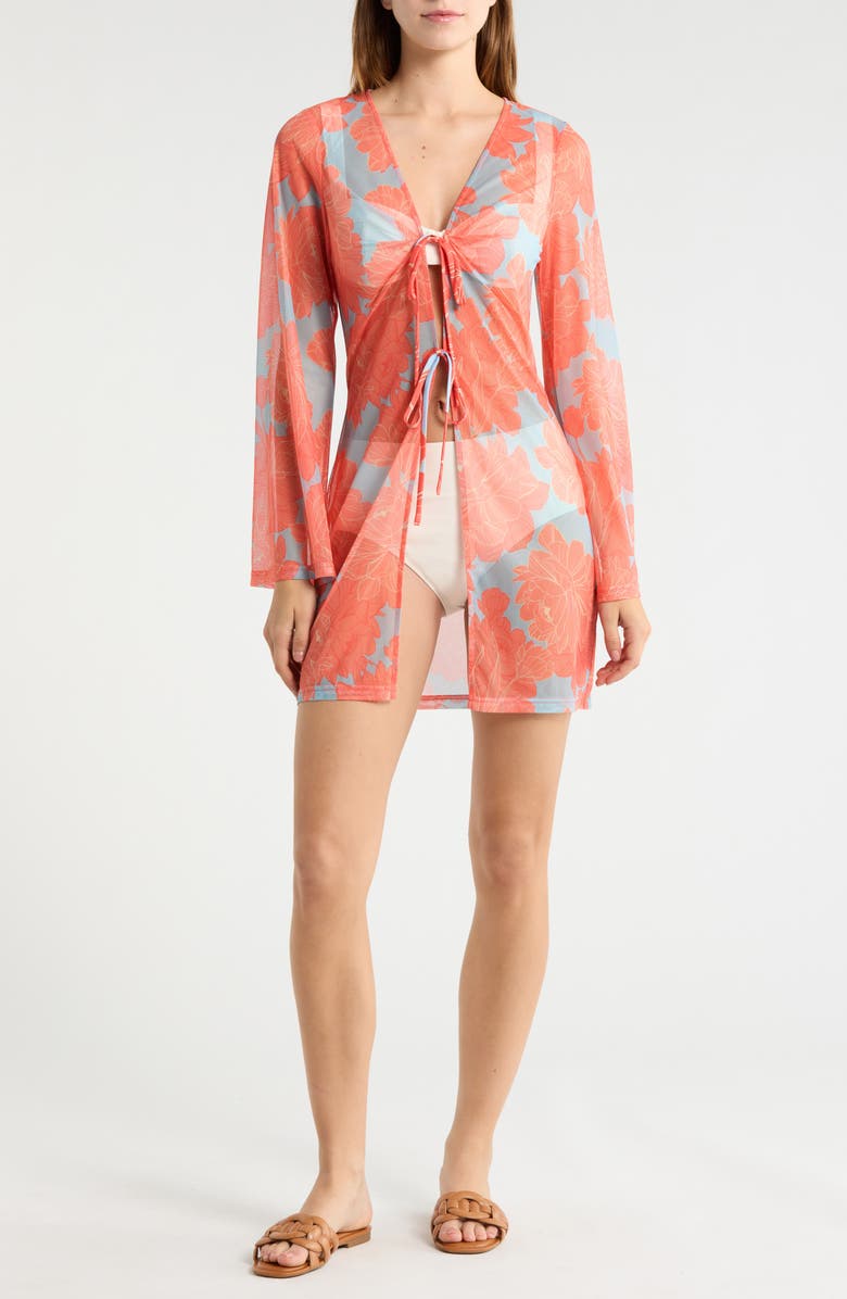 Hutch Tie Front Long Sleeve Cover-Up, Main, color, Sky Blue Peonies