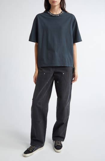 デニム・ジーパン Golden Goose SS25 MARLEY WORK PANT (GWP01942P001921 90100) Women's distressed black cotton jeans with front patches