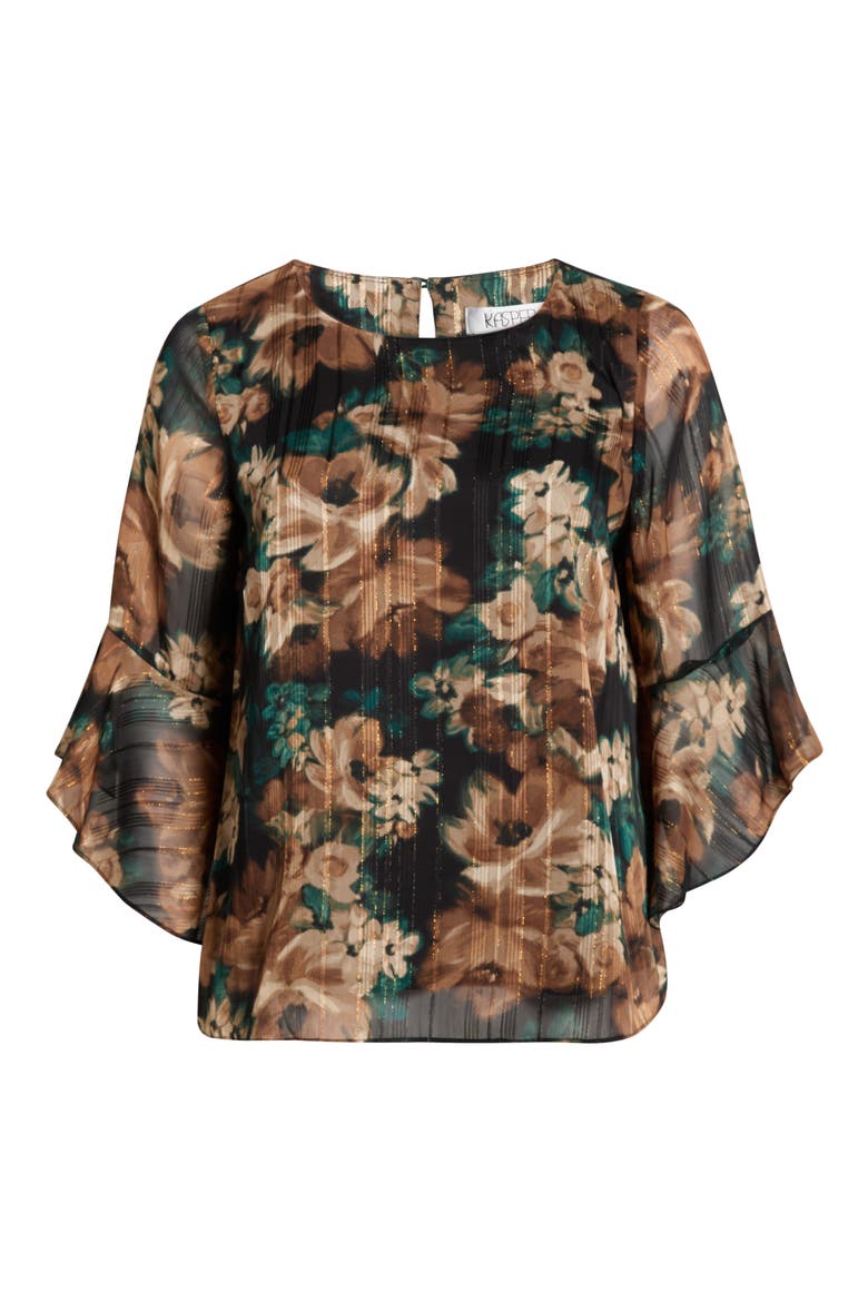 Metallic Floral Ruffle Sleeve Top, Alternate, color, EVERGREEN MULTI