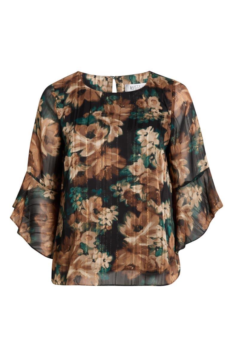 KASPER Metallic Floral Ruffle Sleeve Top, Alternate, color, Evergreen Multi