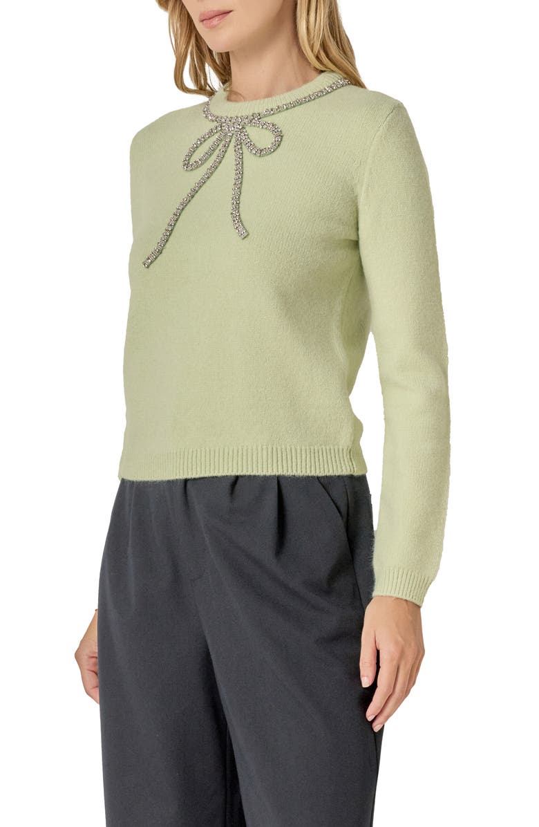 English Factory Rhinestone Bow Sweater, Alternate, color, Sage