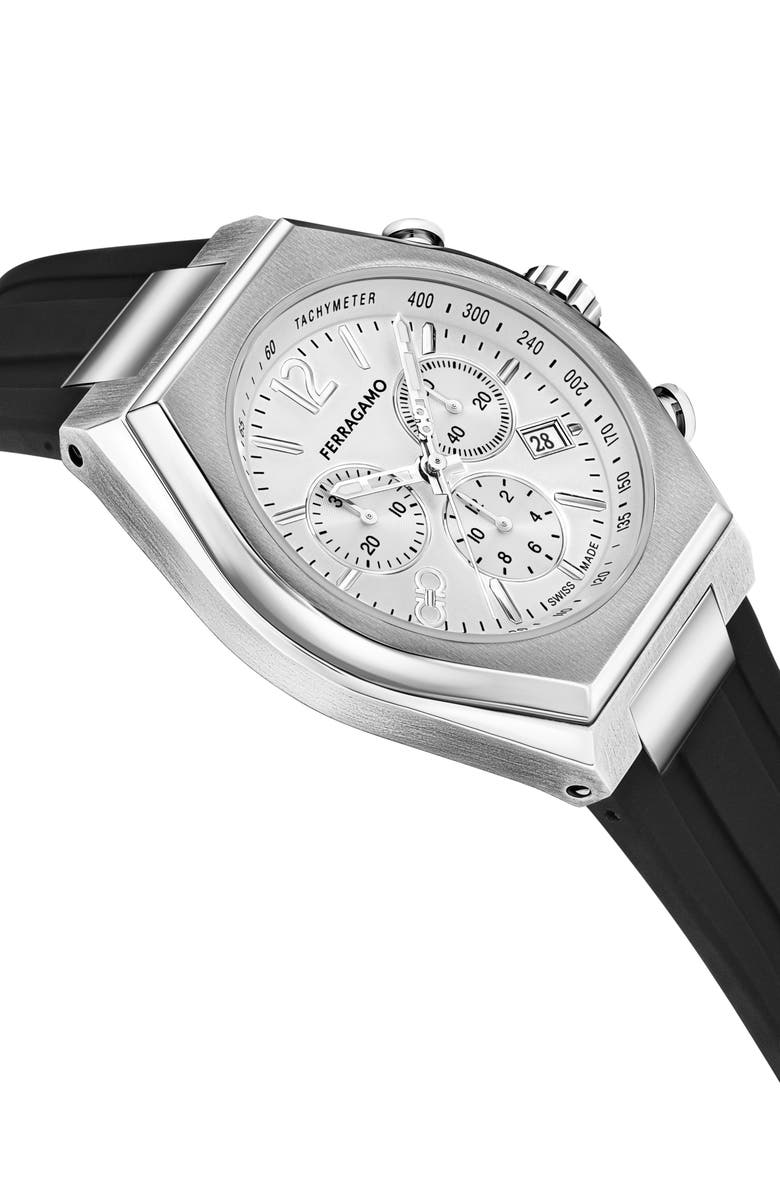 FERRAGAMO Tonneau Chronograph Silicone Strap Watch, 42mm, Alternate, color, Black/ Stainless Steel