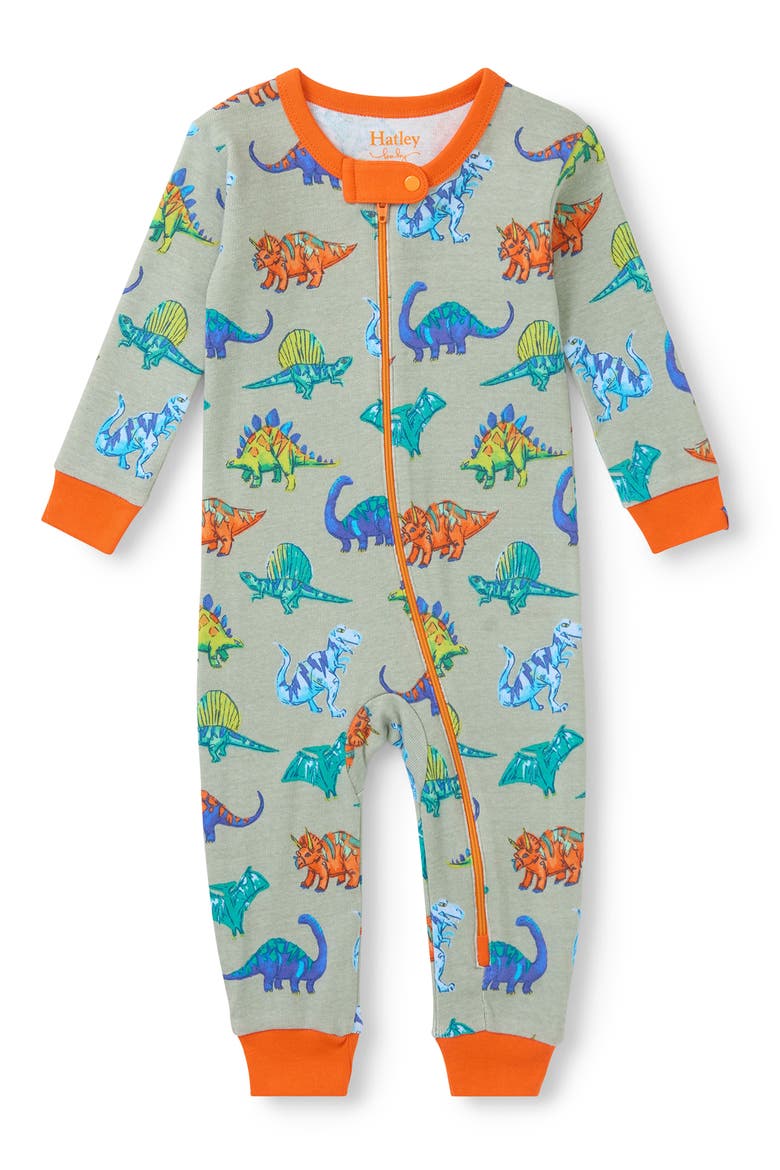 Dino Party Organic Cotton Zip Romper, Main, color, GREY
