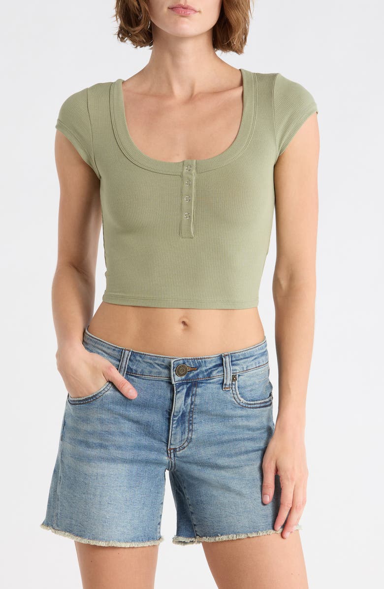 Blu Pepper Snap Front Cap Sleeve Crop Henley, Main, color, Olive