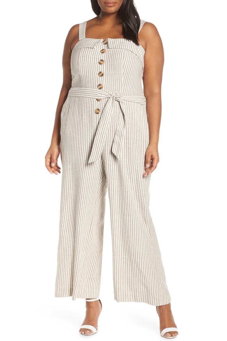 Stripe Tie Front Linen Blend Jumpsuit, Main, color, NATURAL