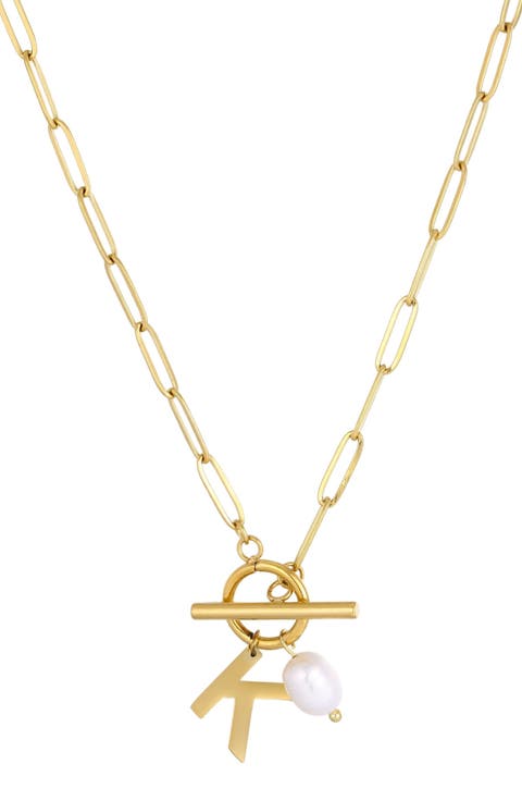 18K Gold Plated Pearl & Initial Toggle Pendant Necklace