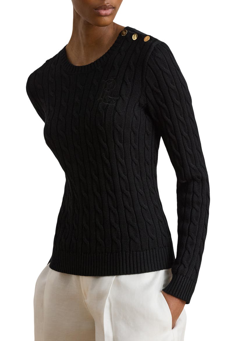 Button Trim Cable Knit Sweater, Main, color, BLACK