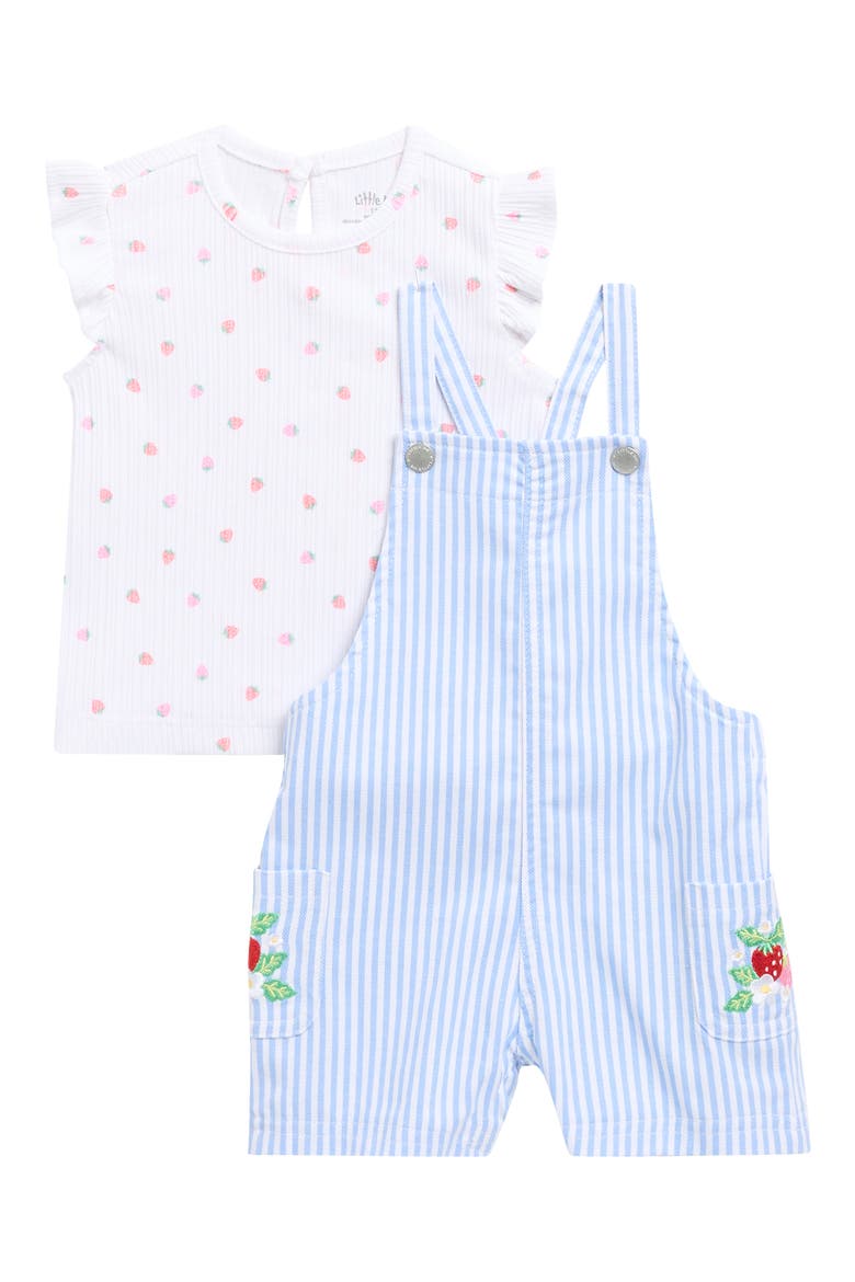 Strawberry Ruffle T-Shirt & Stripe Overalls Set, Main, color, BLUE