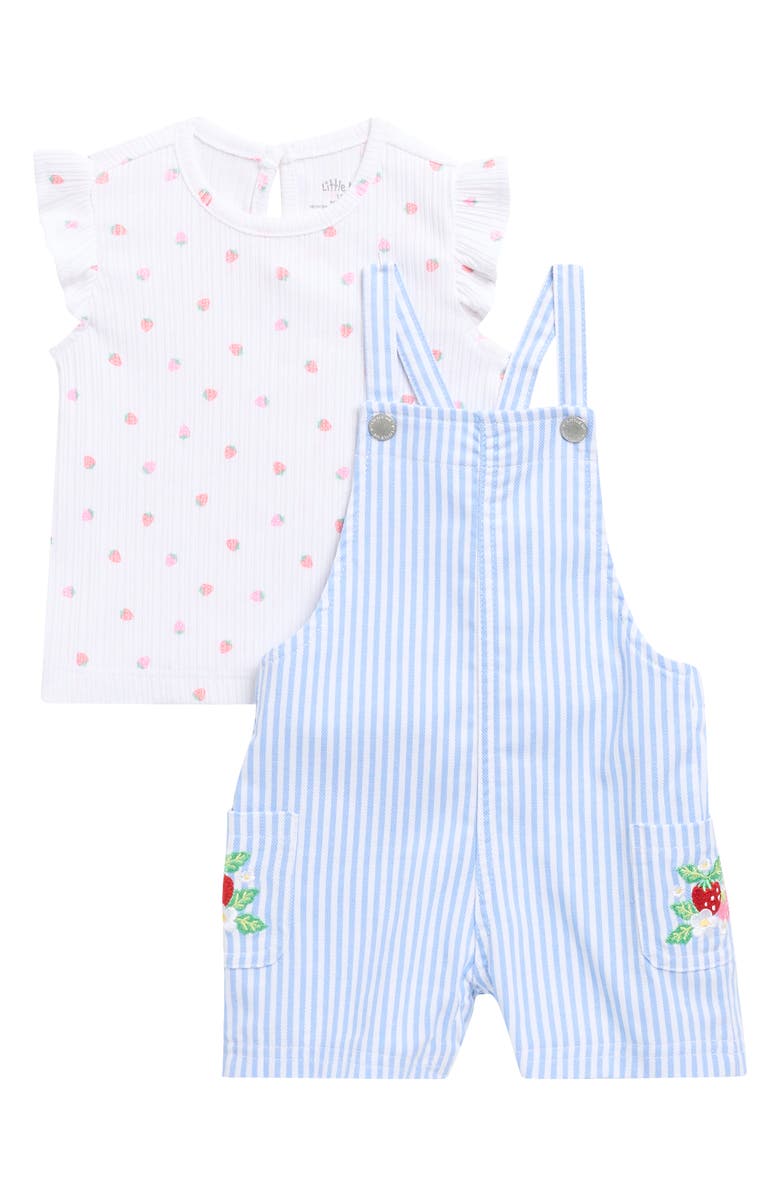 Little Me Strawberry Ruffle T-Shirt & Stripe Overalls Set, Main, color, 