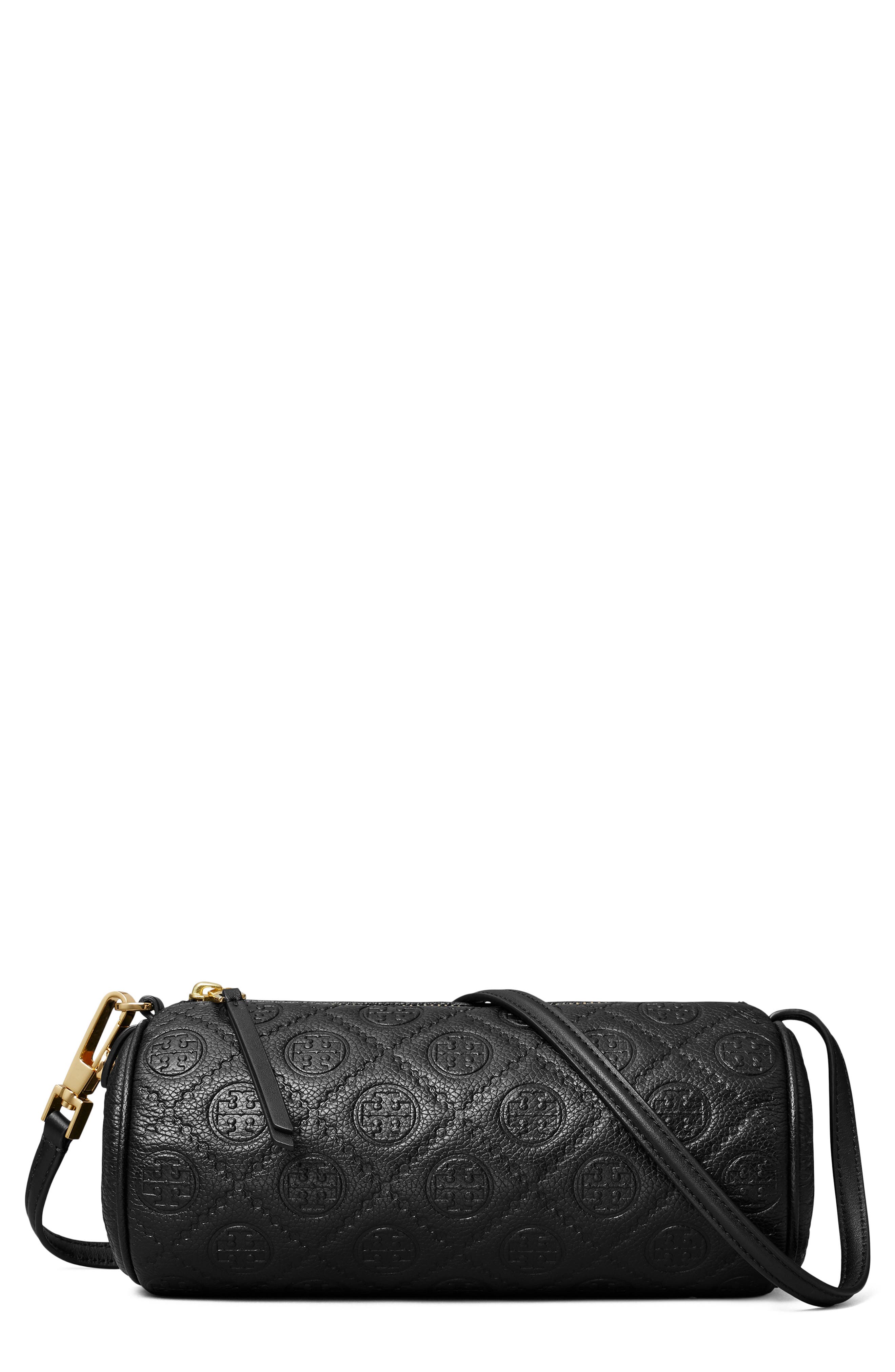 Tory Burch T Monogram Pebble Leather Cylinder Shoulder Bag, Main, color, Black