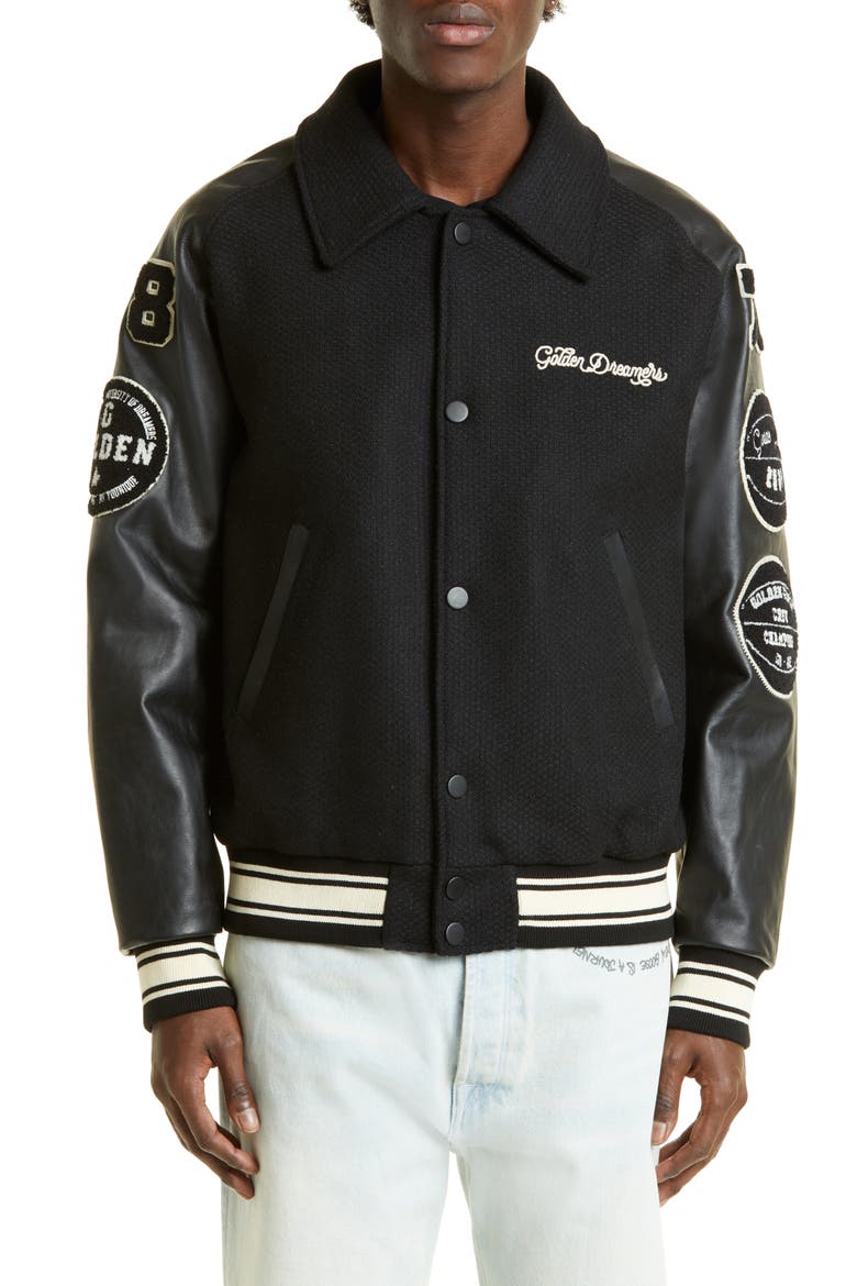 Golden Dreamers Wool & Leather Letterman's Jacket, Main, color, BLACK