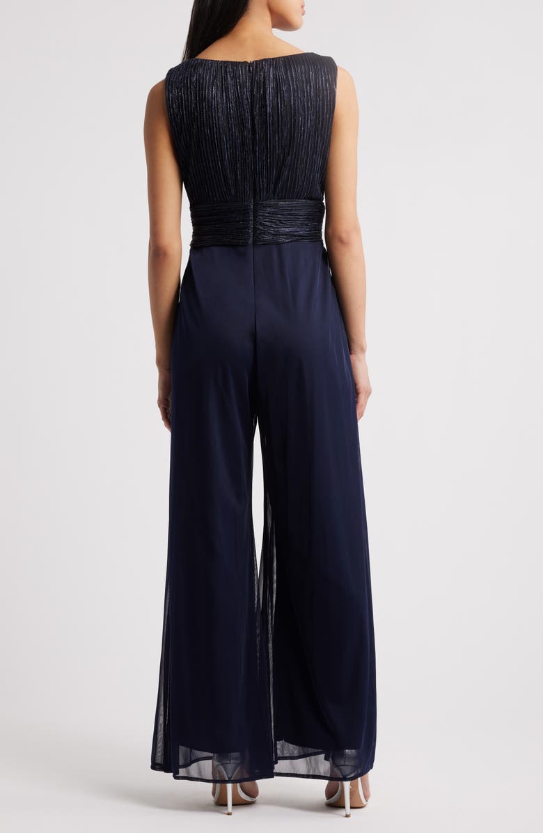 Connected Apparel Metallic Plissé Mixed Media Wide Leg Jumpsuit, Alternate, color, Navy