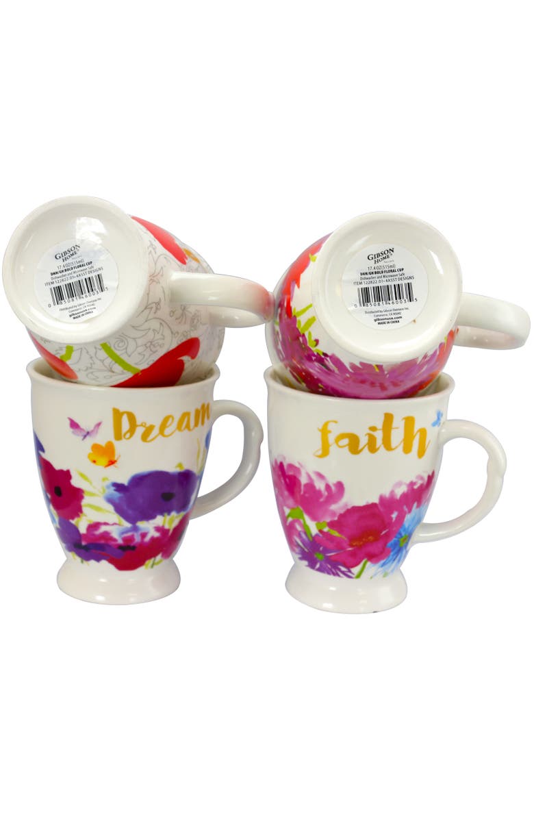 Gibson Home Bold Floral 17.4 oz Cup Set, Set of 4 Assorted Designs, Alternate, color, White