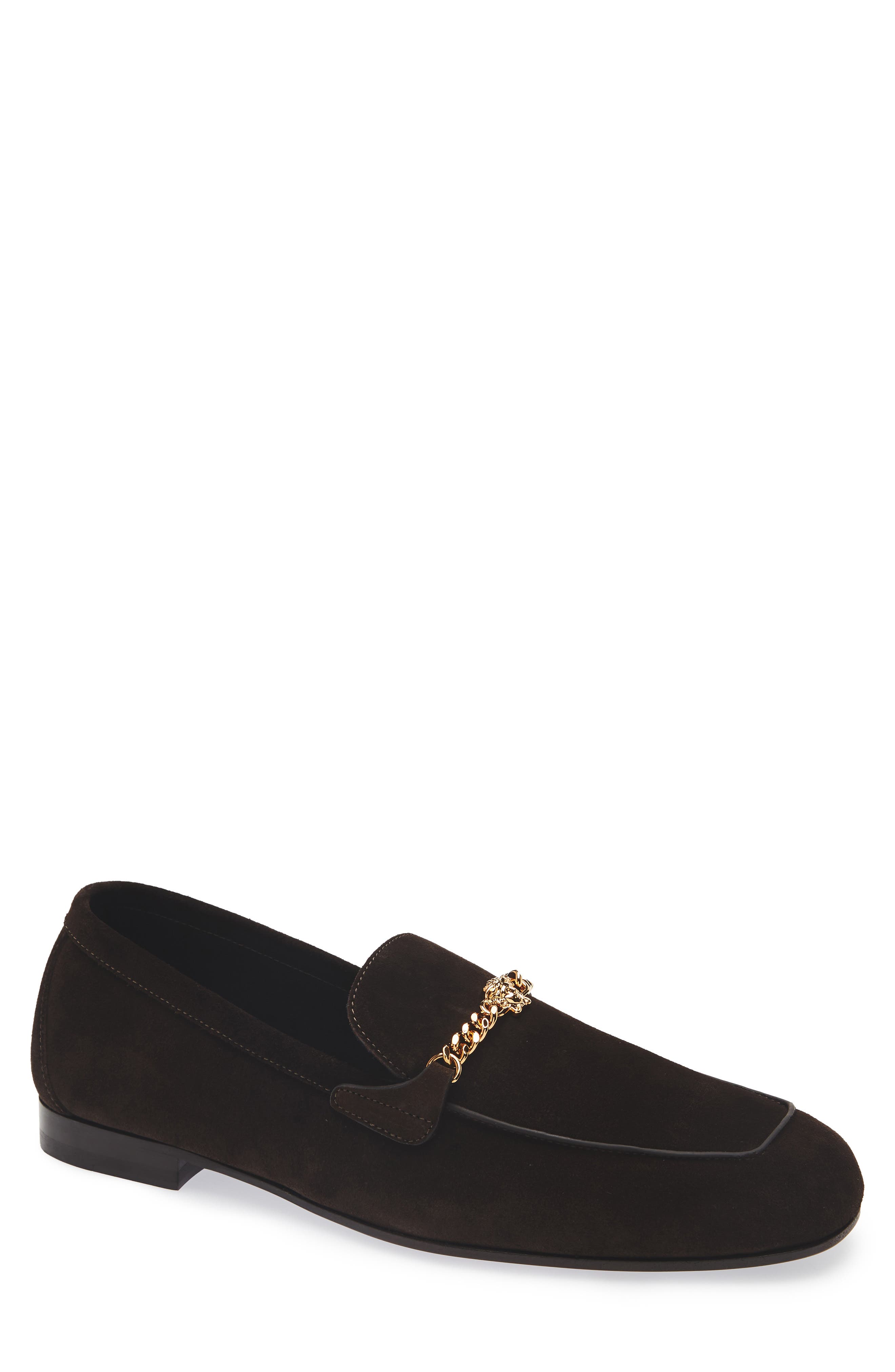 Versace Medusa Chain Suede Loafer, Main, color, Ebano-Versace Gold