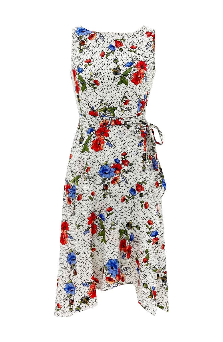 SANDRA DARREN Sleeveless Bubble Crepe Belted Hanky Hem Midi Dress, Main, color,