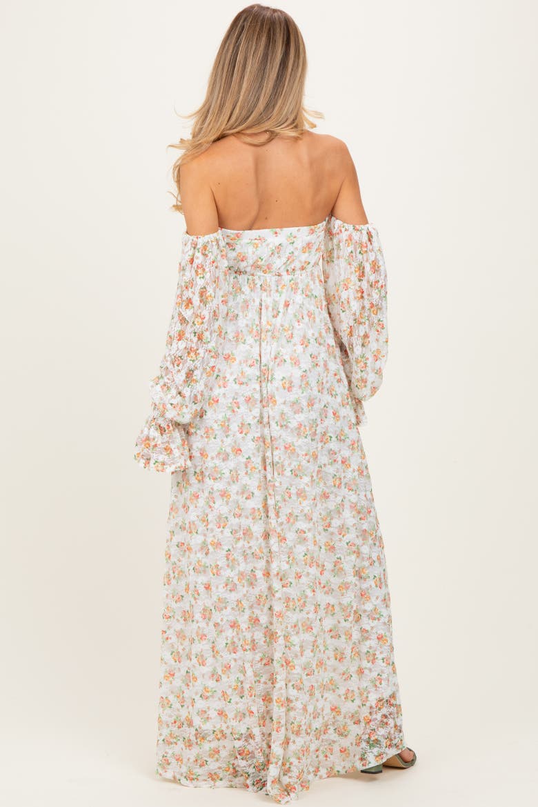 Floral Lace Smocked Long Sleeve Off Shoulder Maxi Dress, Alternate, color, Orange