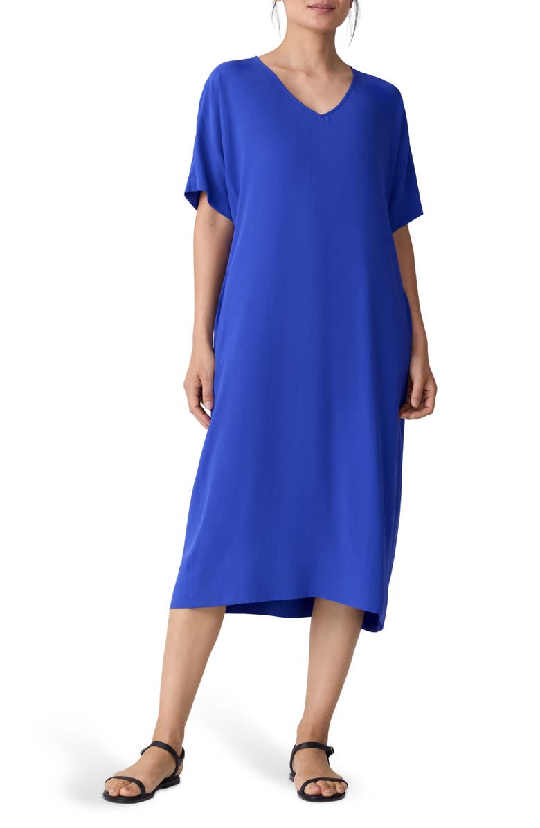 Eileen Fisher V-Neck Silk Midi Shift Dress, Main, color, Royal