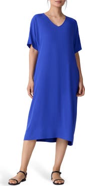 Eileen Fisher V-Neck Silk Midi Shift Dress