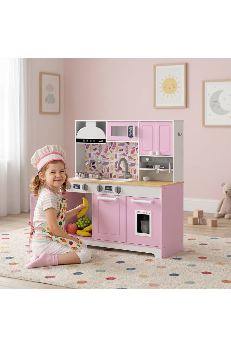 Kids Play Kitchen Set with Sink, Stove, Coffee Maker, Ice Maker, Oven, White, Alternate, color, Pink