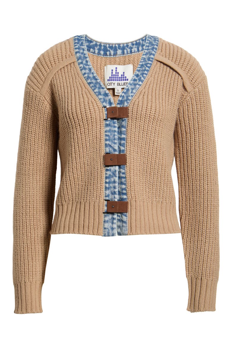 Denim Trim Cardigan, Alternate, color, TAN