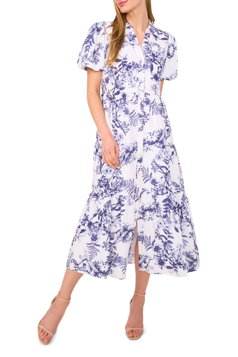 Floral Tiered Cotton Midi Shirtdress, Main, color, ULTRA WHITE