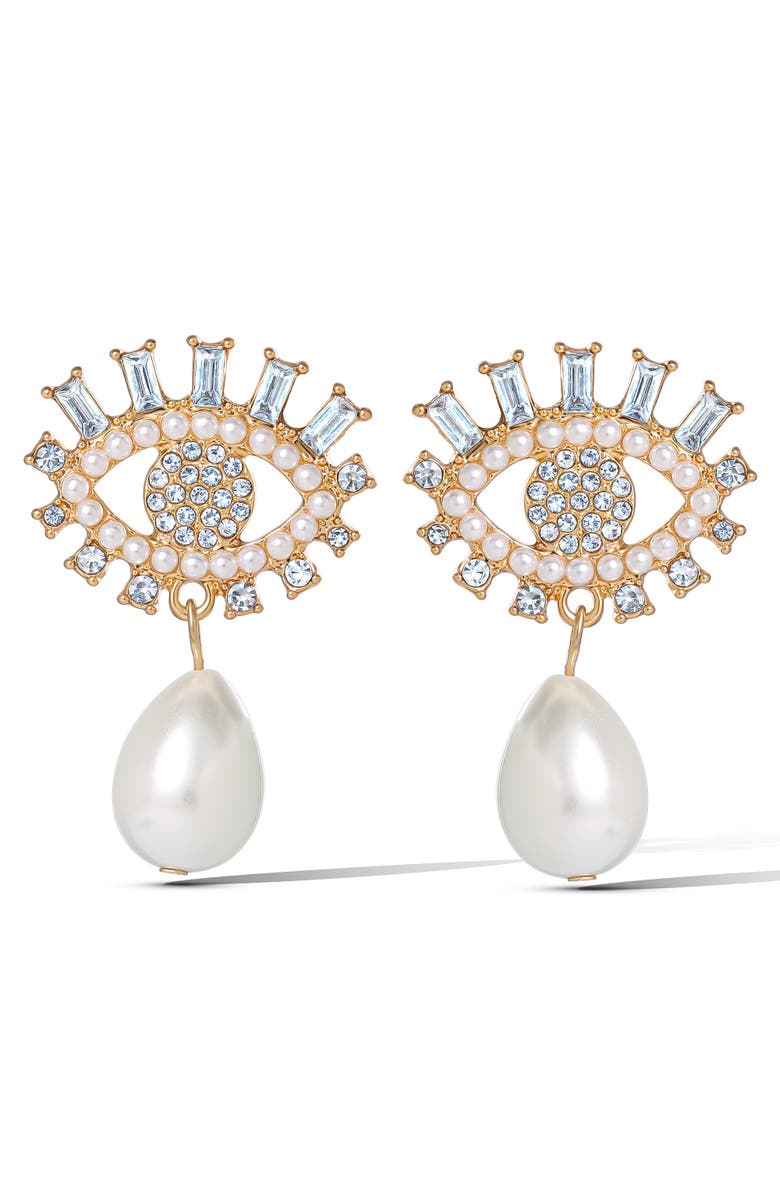 Jessica Simpson Gold-Tone Evil Eye Pearl Drop Earrings, Main, color, White