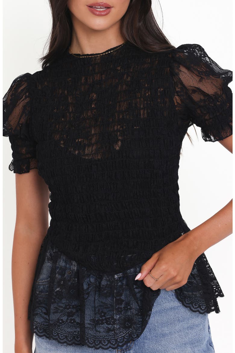 Adeline Smocked Peplum Lace Top, Alternate, color, BLACK