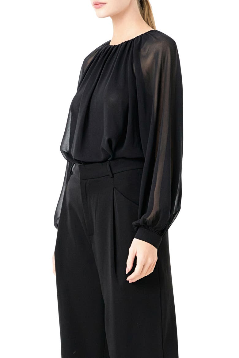 Sheer Sleeve Blouson Bodysuit, Alternate, color, BLACK
