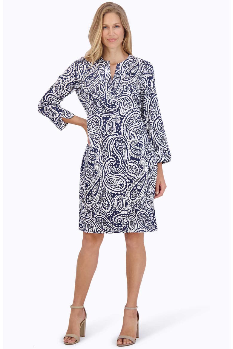 Vena Paisley Long Sleeve Shift Dress, Alternate, color, NAVY/ WHITE