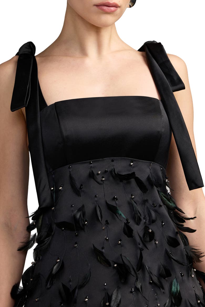 Square Neck Tie Strap Feather Detail Dress, Alternate, color, Black