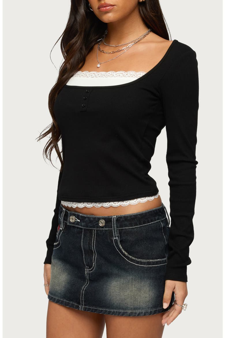 Joana Layered Lacy Henley Top, Alternate, color, BLACK