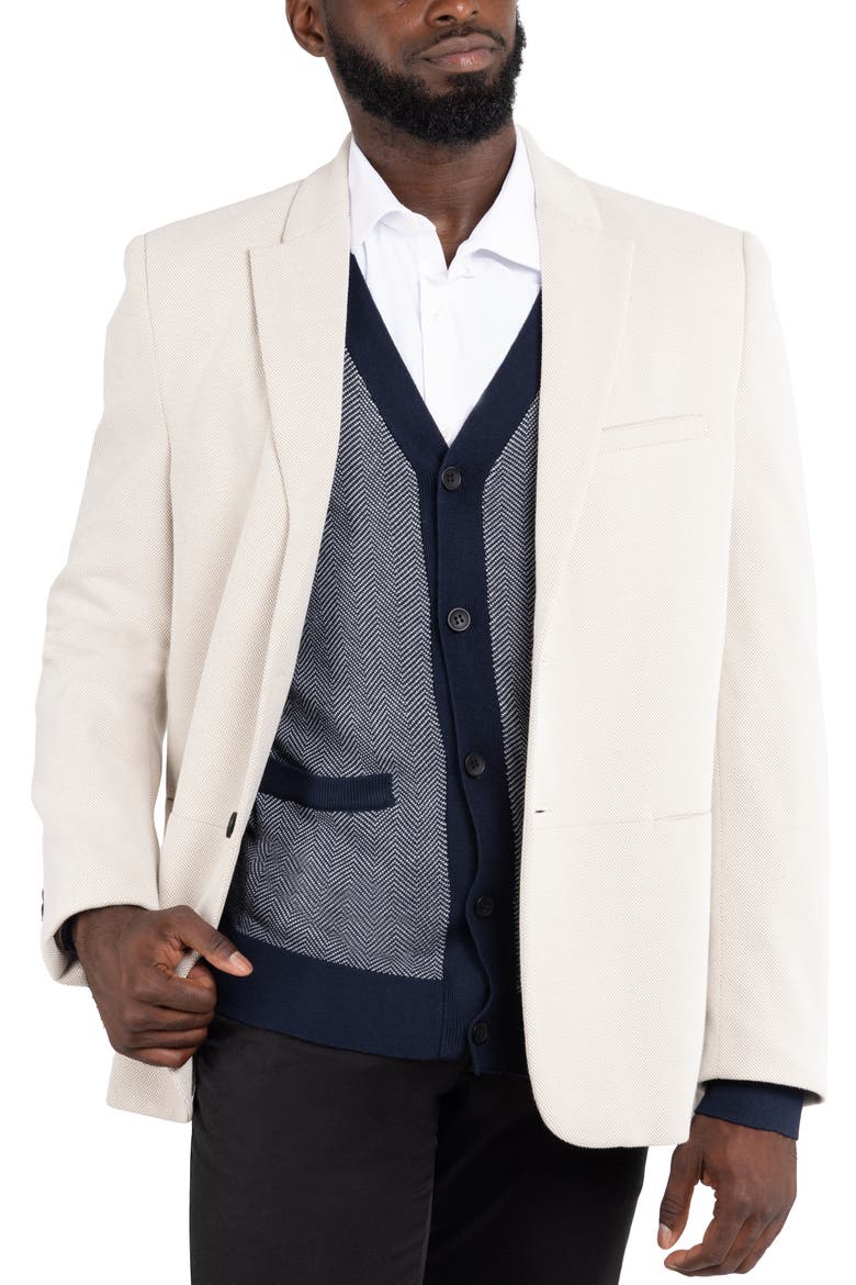 Herringbone V-Neck Button Front Cardigan, Alternate, color, WHITE/ NAVY