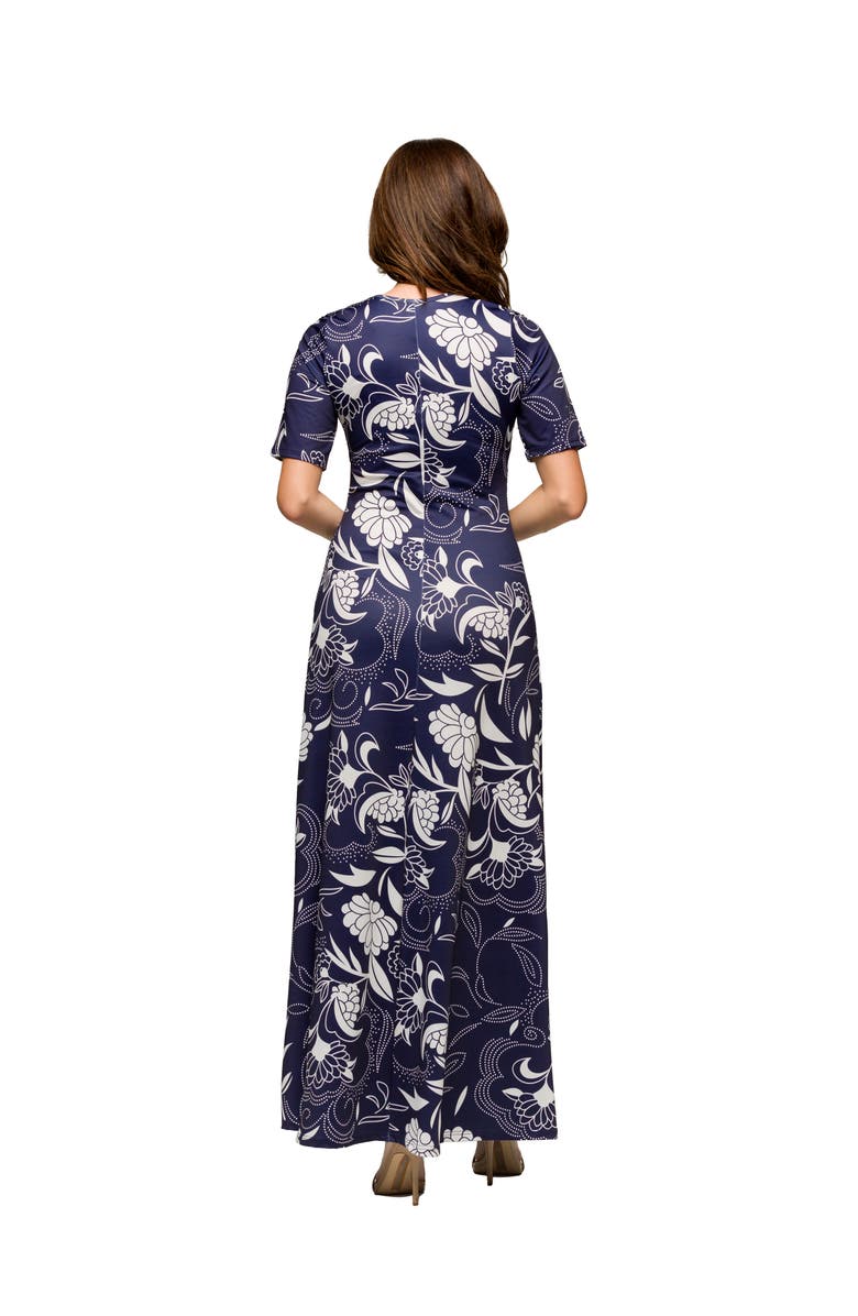 24seven Comfort Apparel Maternity Blue Floral Print Elbow Sleeve Casual A-Line Maxi Dress, Alternate, color, Blue Multi