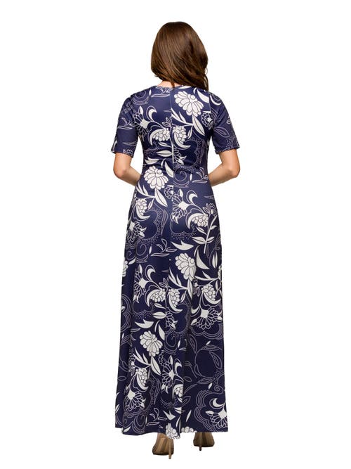 24seven Comfort Apparel Maternity Blue Floral Print Elbow Sleeve Casual A-line Maxi Dress