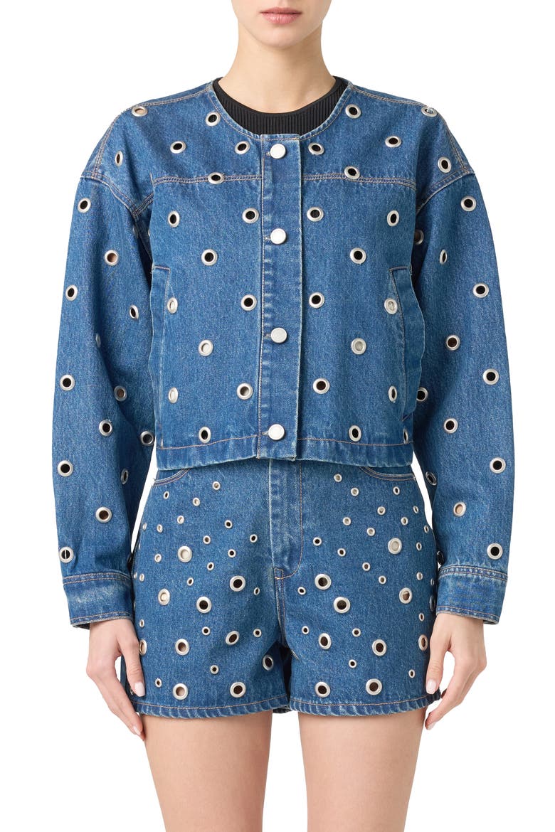 Grommet Collarless Crop Denim Jacket, Main, color, SILVER DREAMS